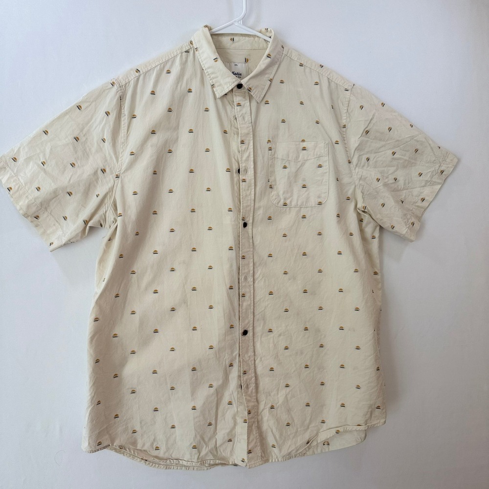 Katin Mens XXL Short Sleeve Button Down Shirt Cream Embroidered Sun Cotton Surf